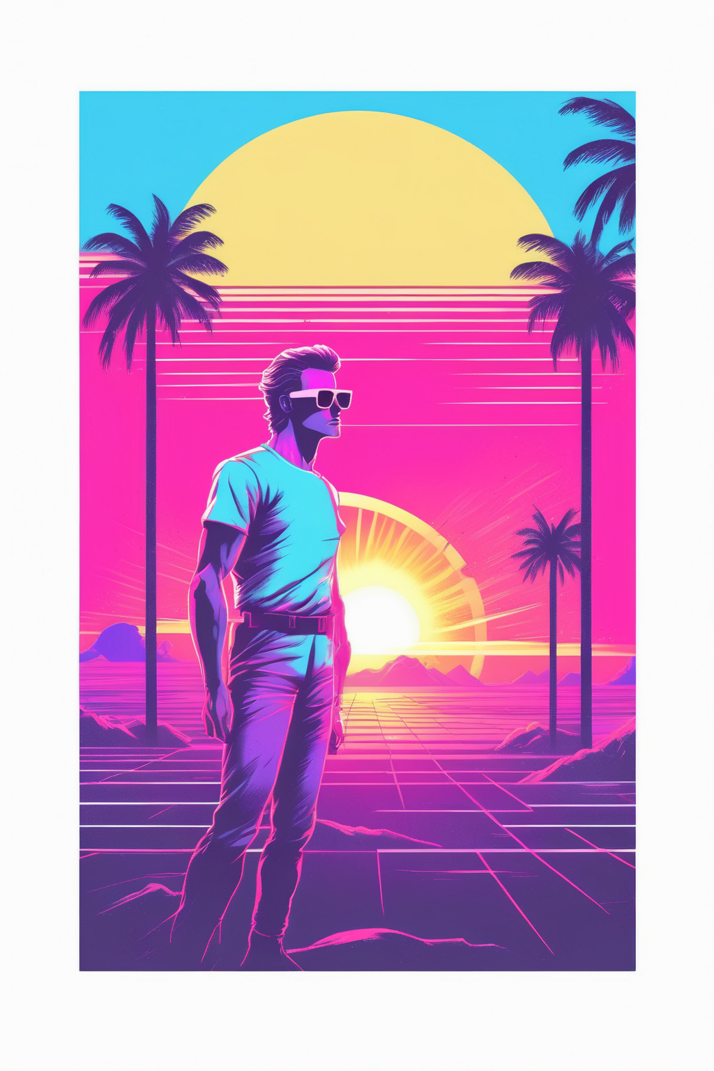 00217-1720656176-_lora_Synthwave T-shirt_1_Synthwave T-shirt - T Shirt design graphic of a synthwave Man wearning sunglassess in front of a minim.png